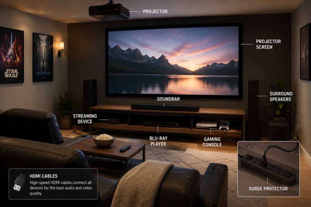 Modern home theater setup with a large wall-mounted screen, surround sound speakers, media console, streaming devices, gaming console, Blu-ray player, remote, and organized equipment shelf.