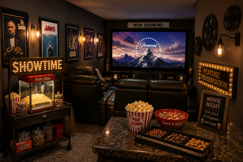 Stylish home theater with framed movie posters, ambient lighting, decorative accents, popcorn machine, snack trays, candy jars, and a movie-night snack station.