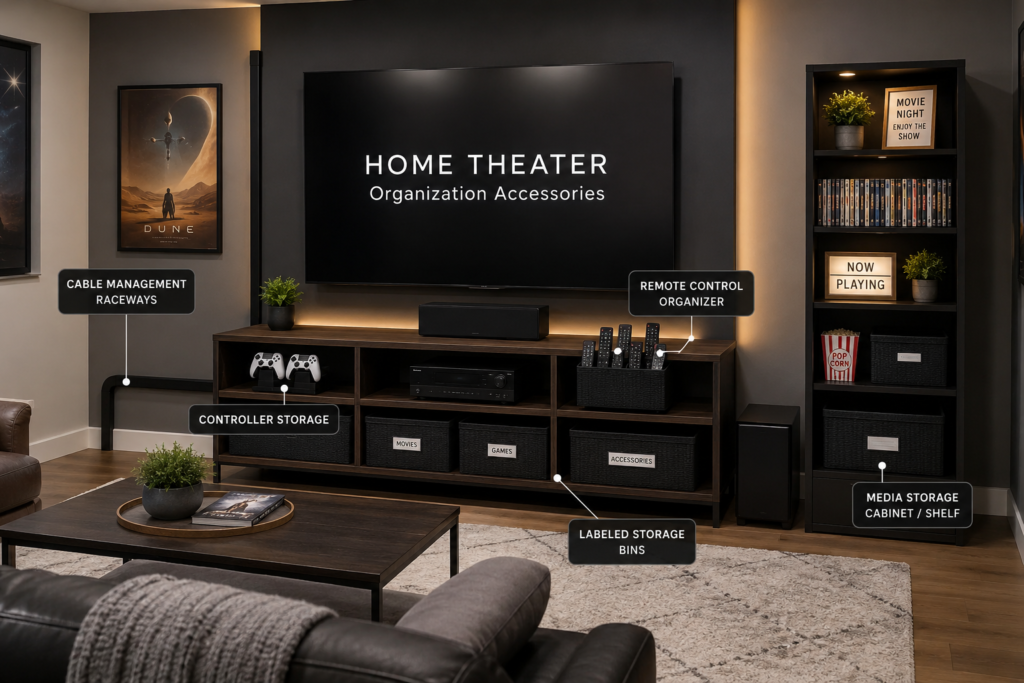 Organized home theater with storage baskets, labeled bins, remote organizer, cable management, floating shelves, and a tidy media console for accessories and devices.