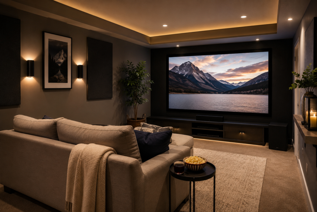 Small home theater seating layout with compact sofa, cozy lighting, and clear view of the screen