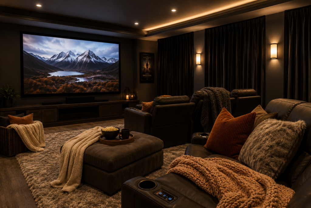 Cozy home theater with plush reclining seats, soft throw blankets, accent pillows, side tables, warm lighting, and comfort-focused accessories for movie nights.
