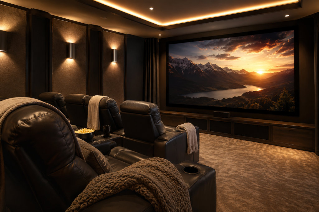 Home theater seating area with recliners, cup holders, soft lighting, blankets, and a clear view of the screen