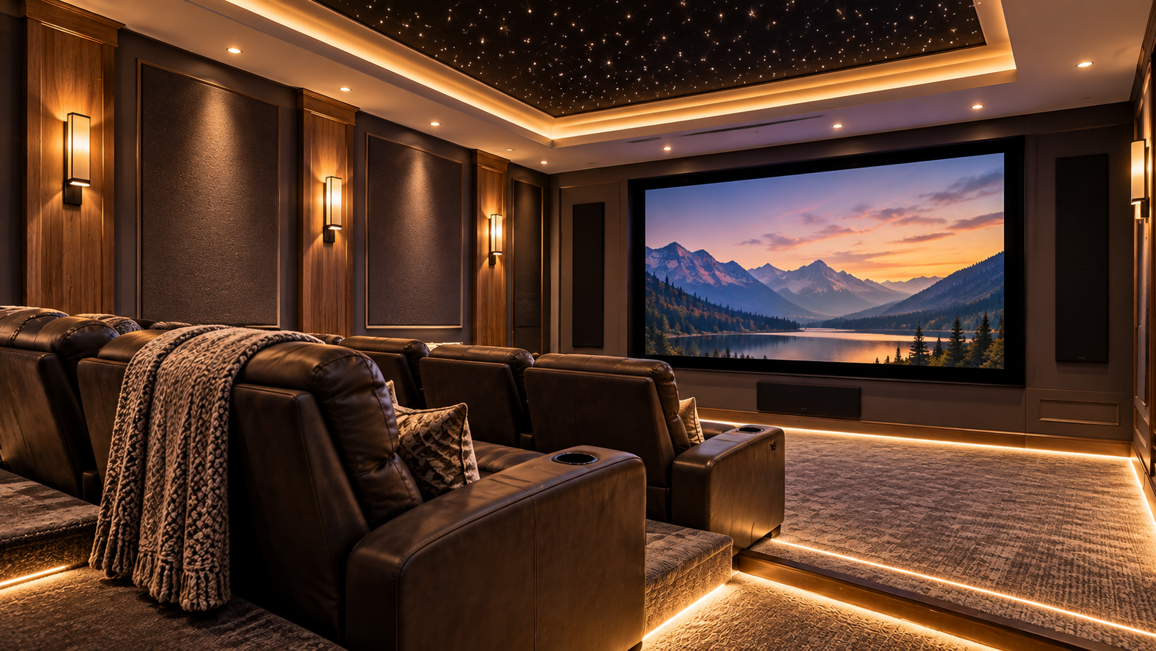 Home theater with warm wall sconces, a star ceiling, cove lighting, illuminated steps, and recliner seating facing the movie screen.
