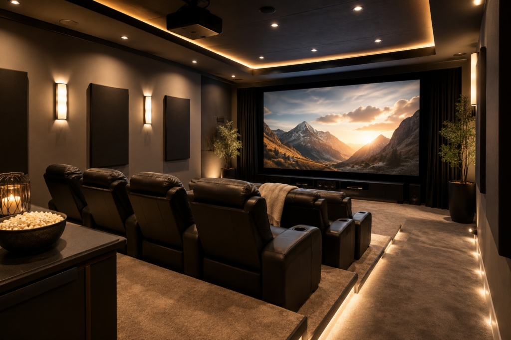 Home theater seating layout with two rows of recliners, riser platform, large screen, and clear walkway space