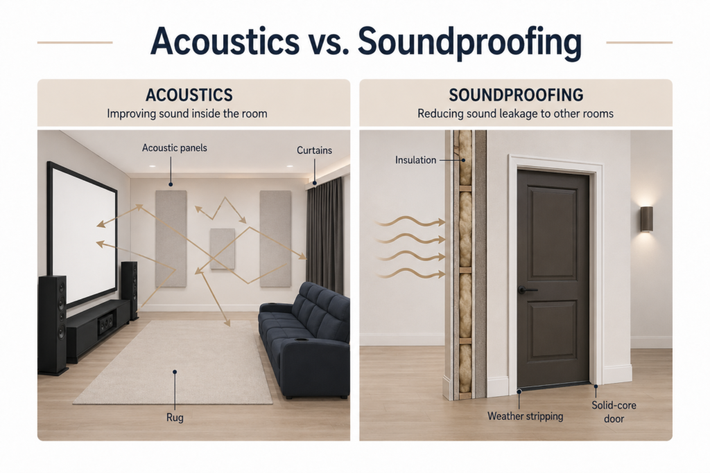 Side-by-side diagram comparing home theater acoustics with acoustic panels, curtains, and a rug to soundproofing with insulation, weather stripping, and a solid-core door.