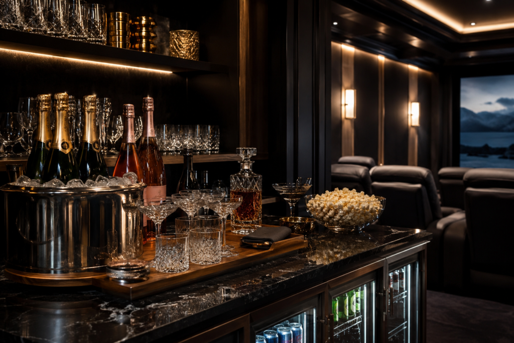 Home theater liquor bar with warm lighting, bottle display, and lounge-style seating
