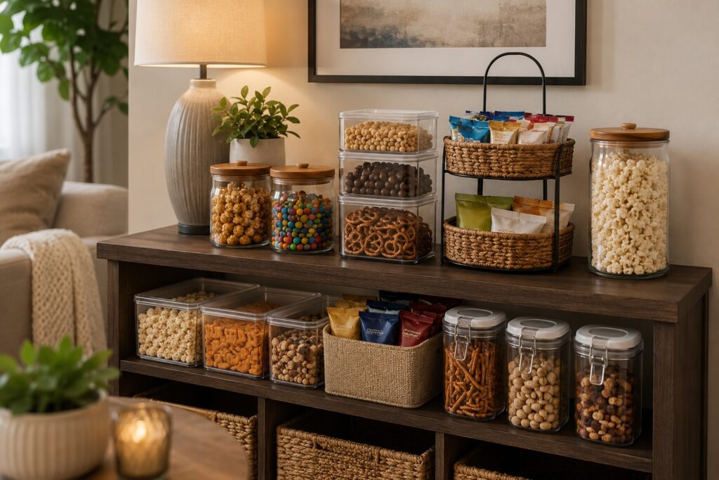 Clear snack containers and candy jars organized for a home theater snack station