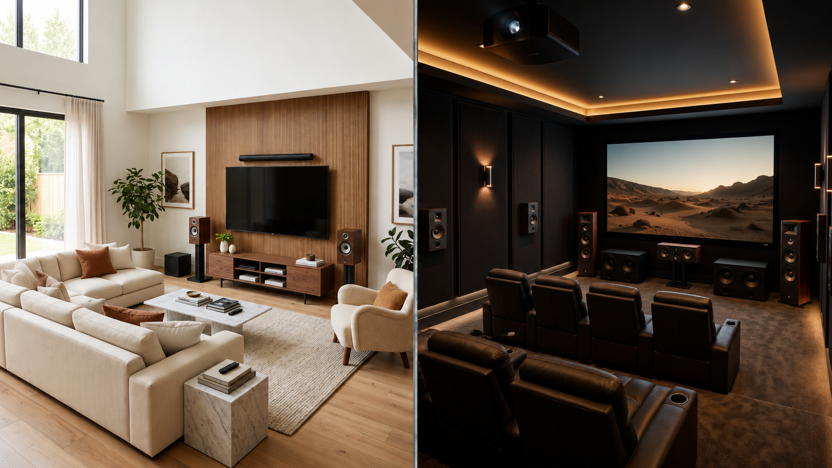 Side-by-side comparison of a bright modern family living room with a television and compact speaker setup next to a luxury dedicated home theater with a projection screen, surround speakers, tiered leather seating, and immersive audio design.