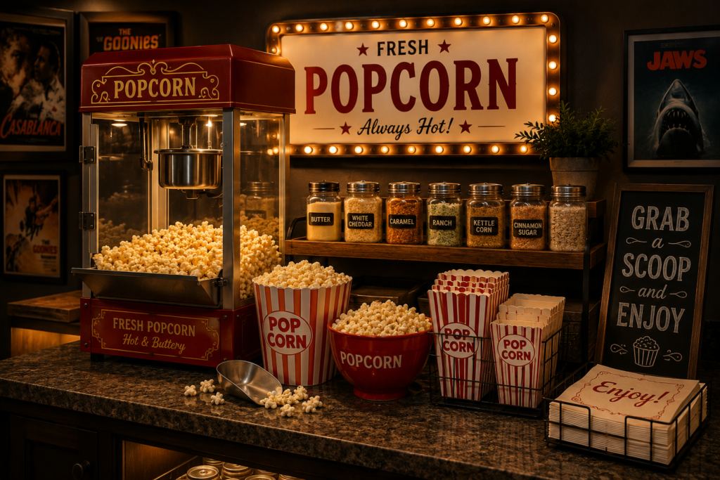 Classic movie theater snack bar with popcorn machine, candy jars, soda station, and vintage signage