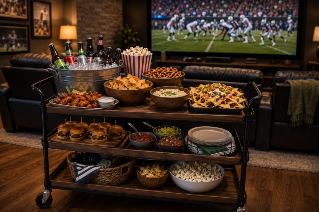 Sports night home theater snack station with chips, dips, popcorn, drinks, and game-day party snacks
