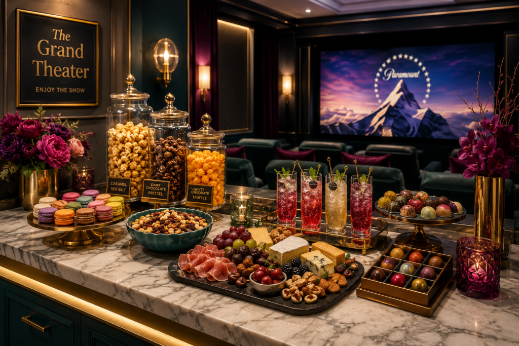 Luxury home theater snack station with gourmet treats, serving trays, glass containers, and elegant decor