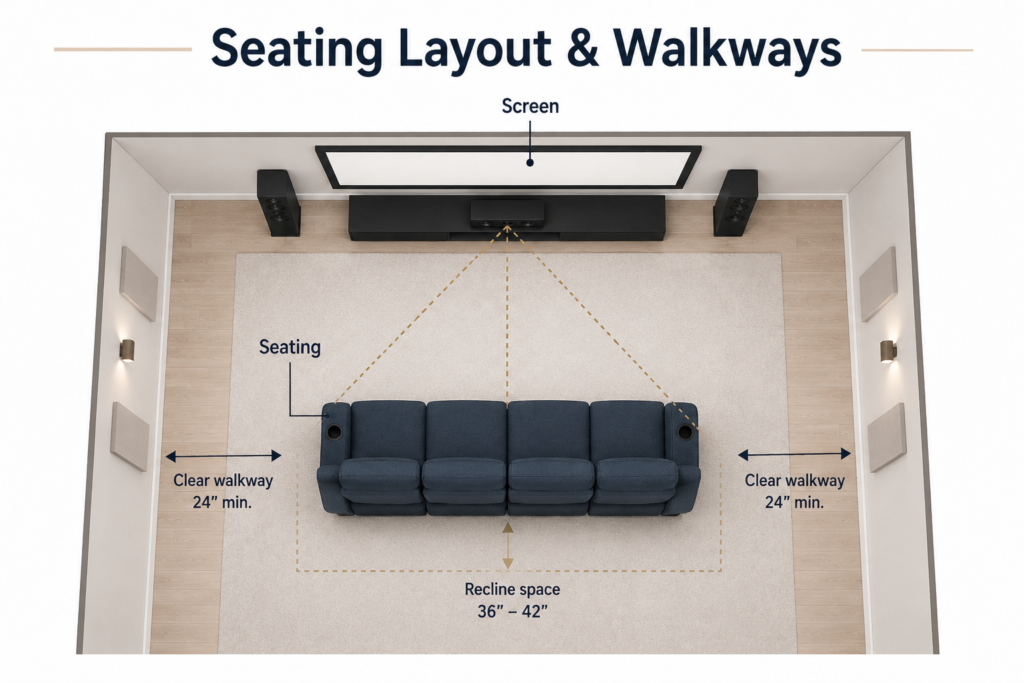 Overhead diagram showing home theater seating, screen position, viewing angles, recline space, and 24-inch walkways on both sides.