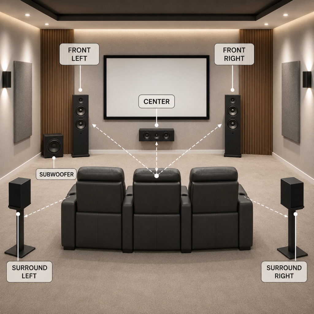 Diagram showing front left, front right, center, surround, and subwoofer placement around a row of home theater seating.