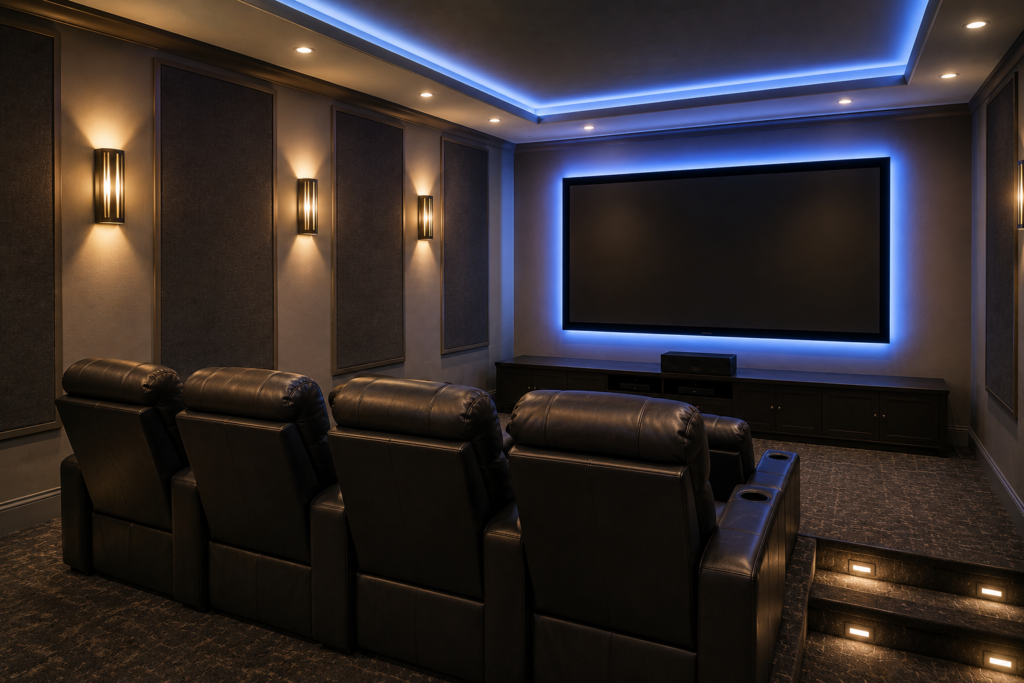 Home theater wall sconces creating soft side lighting beside acoustic panels and movie posters
