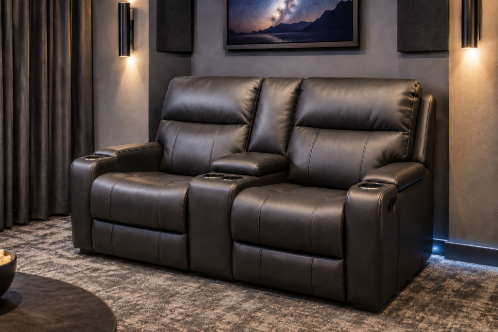 Wall-hugger recliner in a small home theater room with compact seating and soft lighting