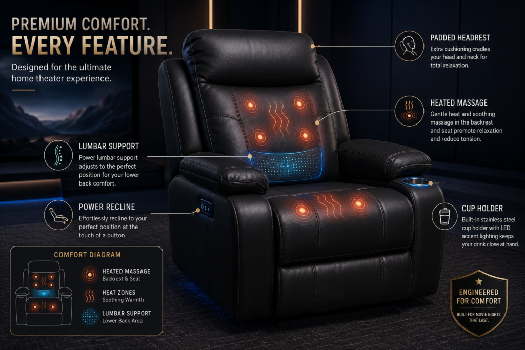 Heated massage recliner in a cozy home theater with soft lighting and comfortable seating