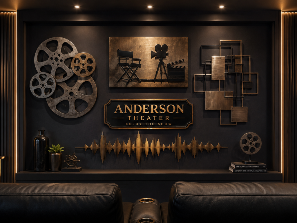 Metal movie-themed wall art in a home theater with dark walls and cinematic lighting