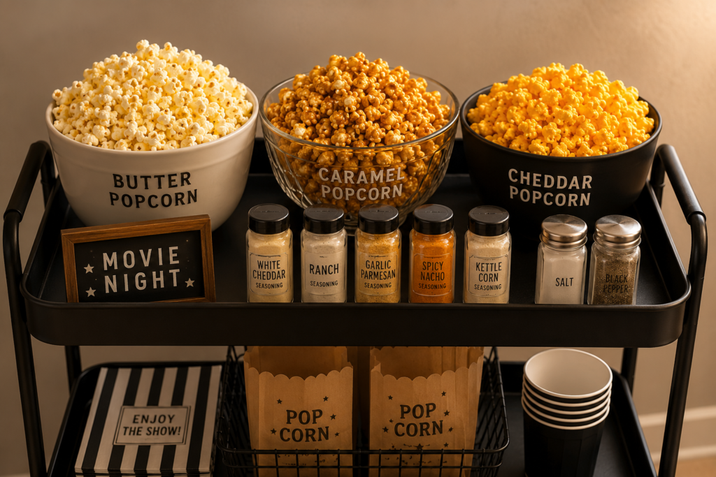 Rolling movie-night popcorn cart with butter, caramel, and cheddar popcorn, seasoning jars, popcorn bags, and serving cups