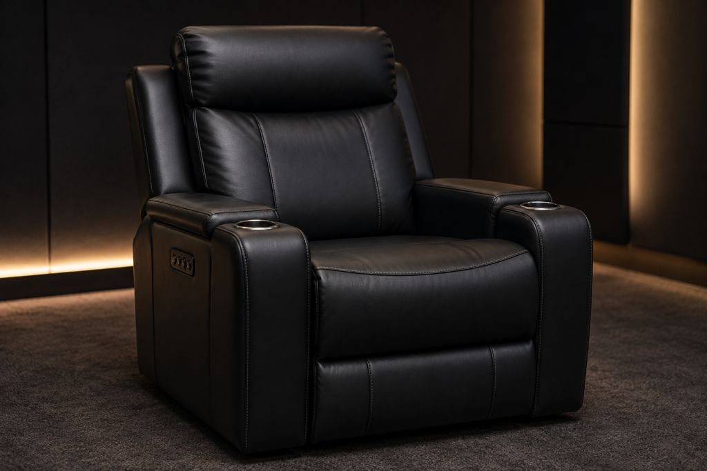 Plush home theater recliner with padded headrest, armrests, and supportive seating