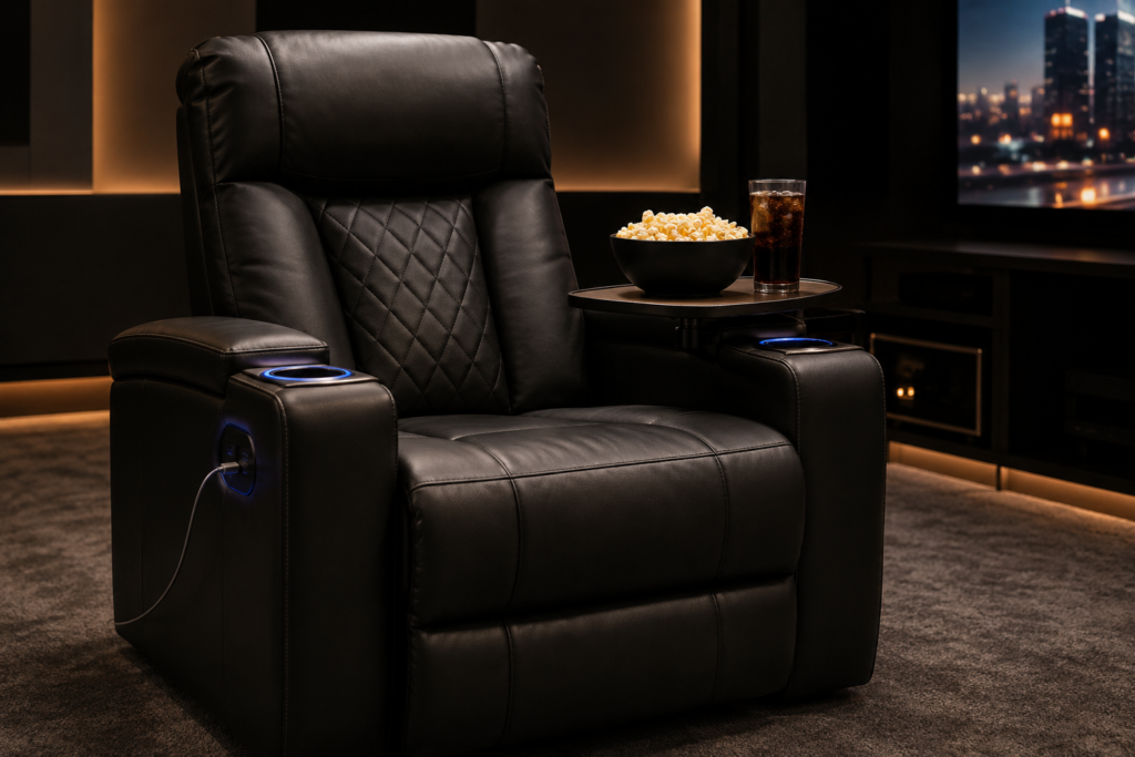 Home theater recliner with built-in cup holders, armrest storage, and movie-night snacks
