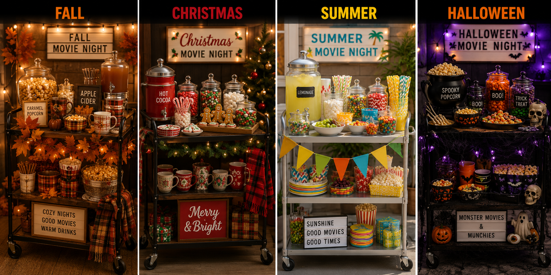 Seasonal home theater snack station ideas for fall, Christmas, summer, and Halloween movie nights.