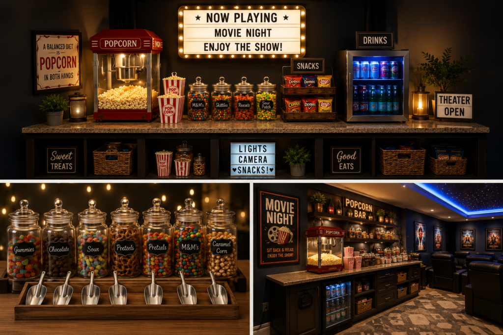 Home theater snack station with popcorn, candy jars, drink supplies, and movie-night essentials