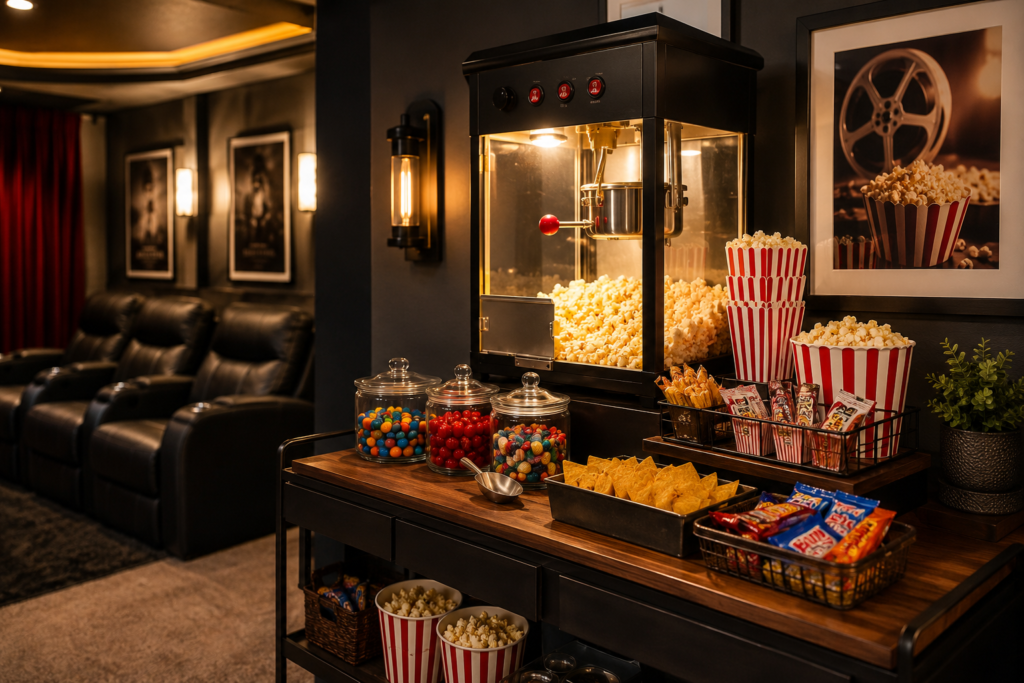 Home theater snack station with popcorn machine, candy jars, beverage area, and movie-night accessories