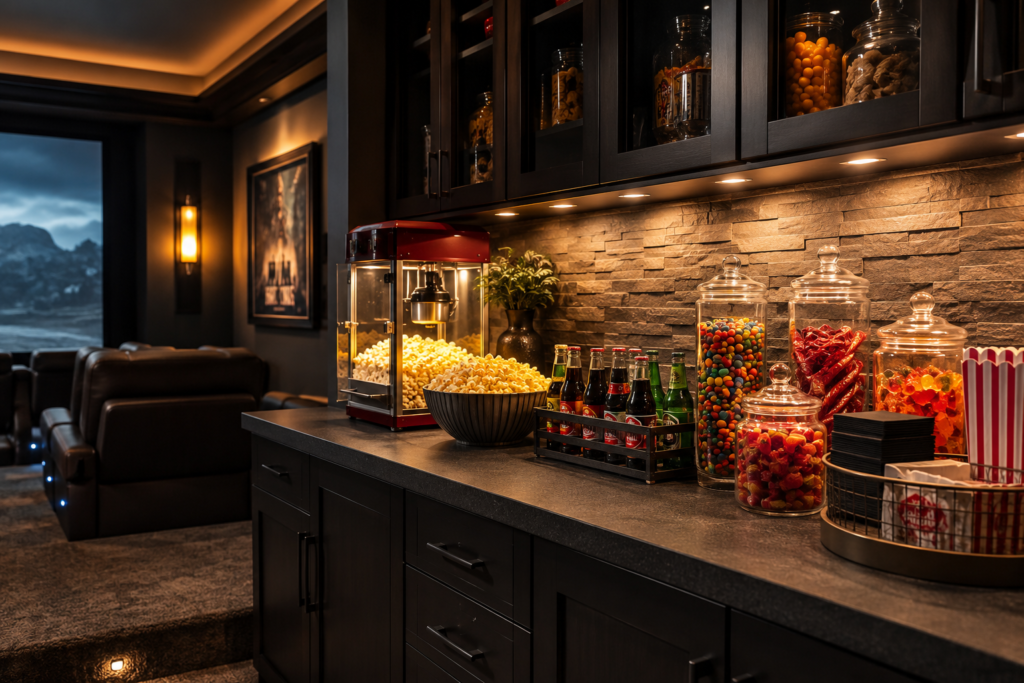 Home theater snack station with under-cabinet lighting, popcorn, drinks, and organized movie-night supplies