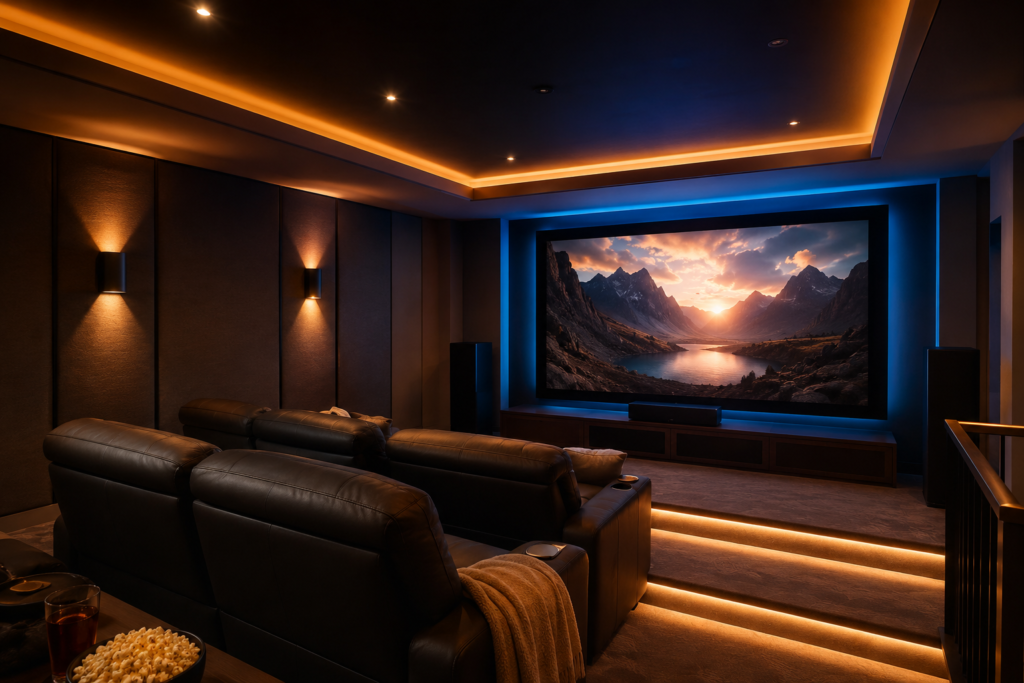 Home theater with smart LED lighting, dimmable sconces, and cozy movie-night atmosphere