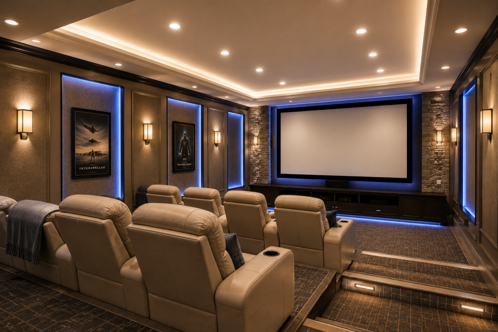 Home theater with soft ambient ceiling lighting, warm wall lights, and comfortable seating