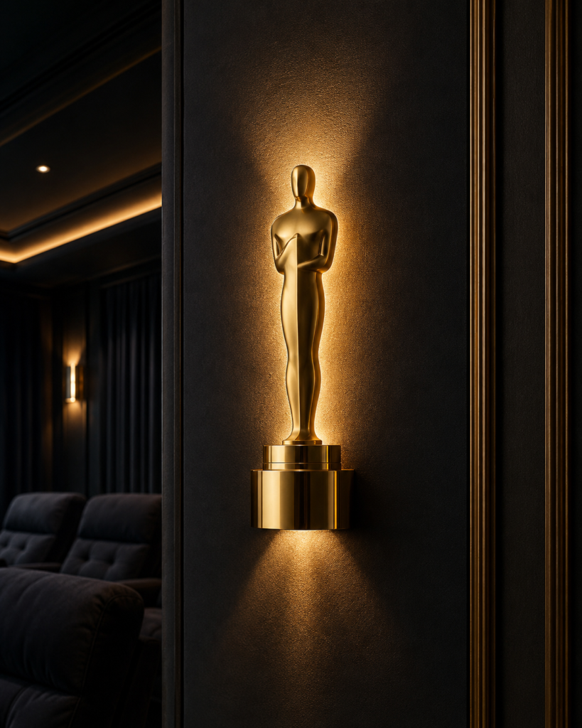 Decorative wall sconces in a home theater creating warm ambient lighting beside movie posters