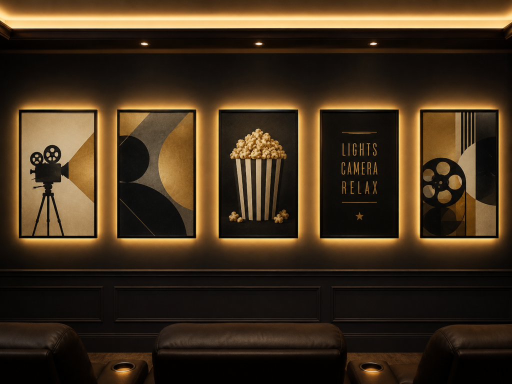 LED backlit wall art in a home theater with soft ambient lighting and movie-room decor