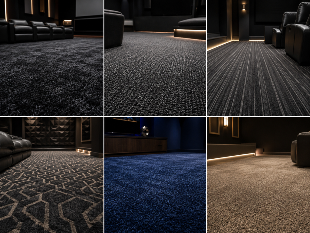 Home theater with thick area rug, soft seating, and carpeted floor to help absorb sound reflections