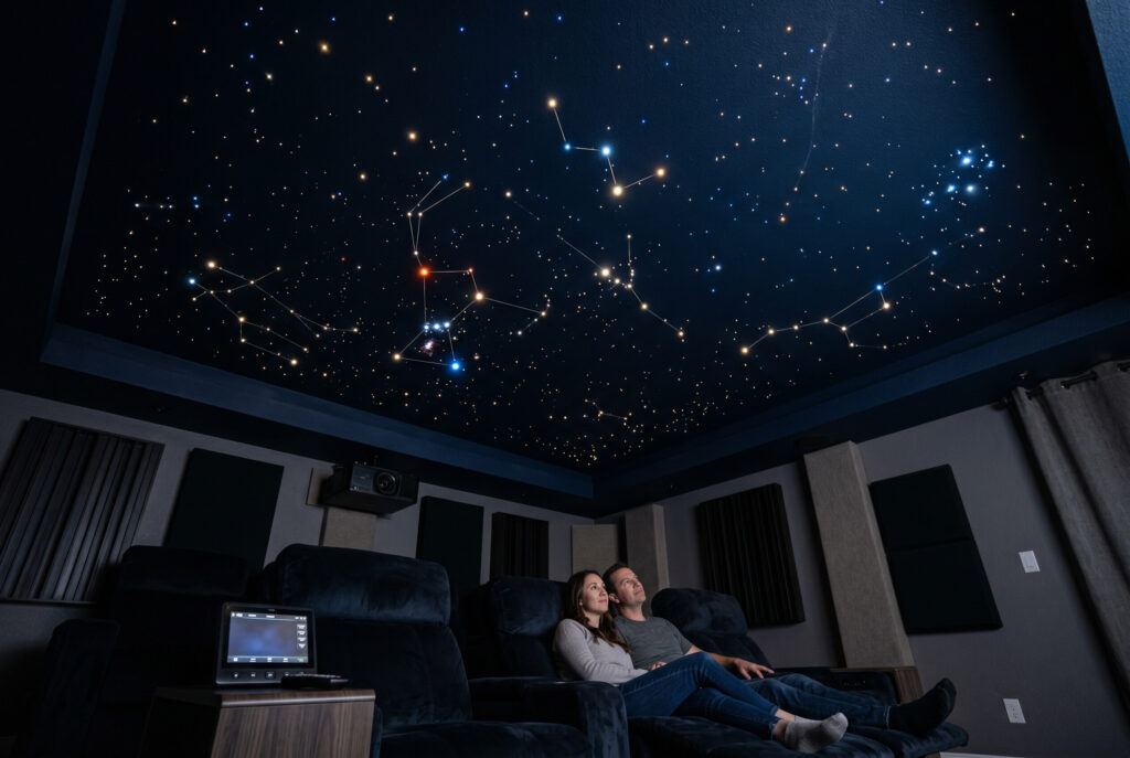 Galaxy projector creating a temporary starry ceiling effect for a home theater or media room