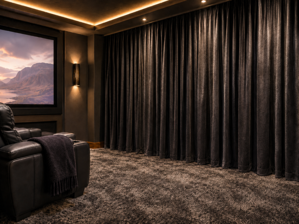 Home theater window with heavy blackout curtains to reduce glare and soften room reflections