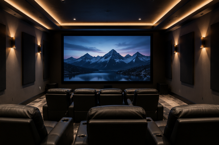 Dedicated home theater with reclining seats, large screen, wall sconces, and cinematic lighting