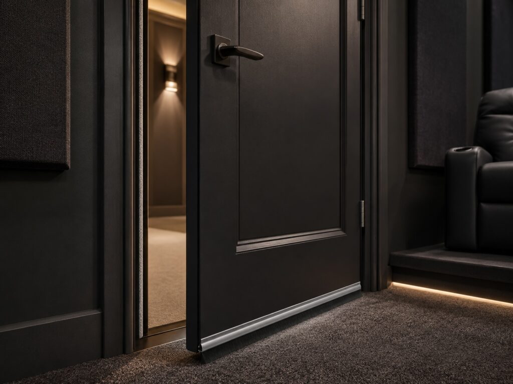 Home theater door with weather stripping and door sweep to help reduce sound leakage