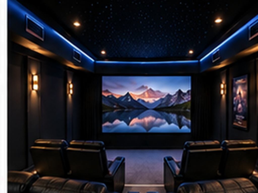 Modern home theater with black recliner seating, a projector screen, star ceiling, blue accent lighting, and discreet HVAC vents.