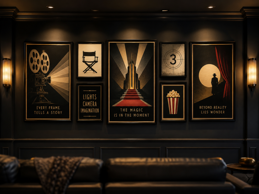 Framed movie posters on a home theater wall with warm lighting and dark theater room decor