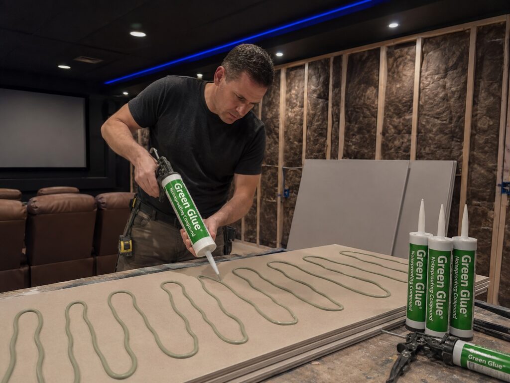 Green Glue noiseproofing compound for home theater wall and ceiling sound isolation