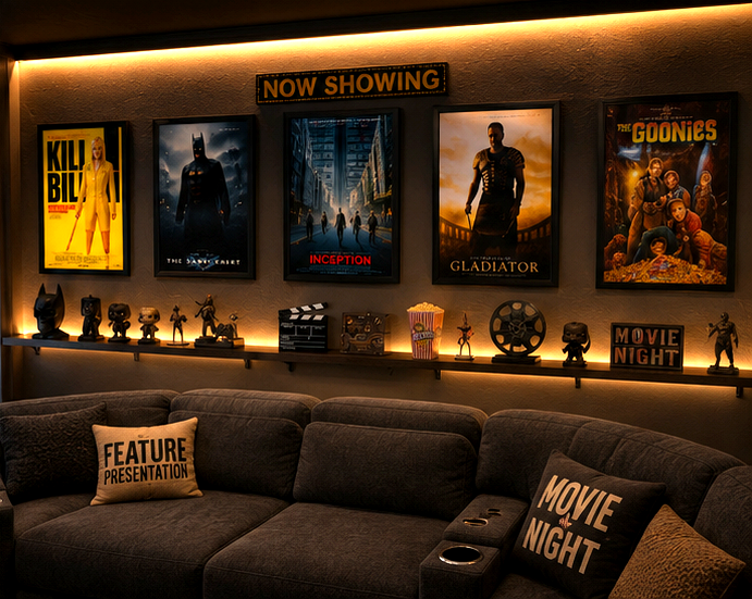 Home theater feature wall with framed movie posters, display shelves, movie memorabilia, and accent lighting