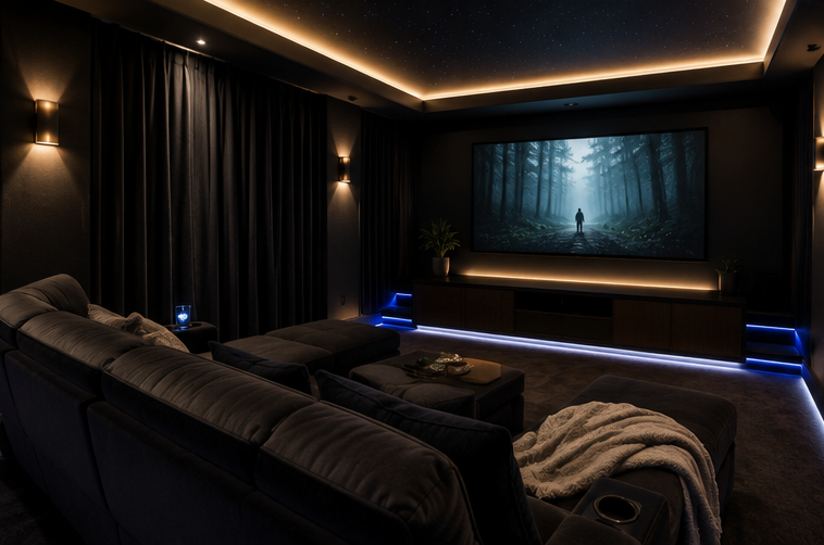 Home theater lighting setup with dimmable sconces, LED accent lighting, and blackout curtains
