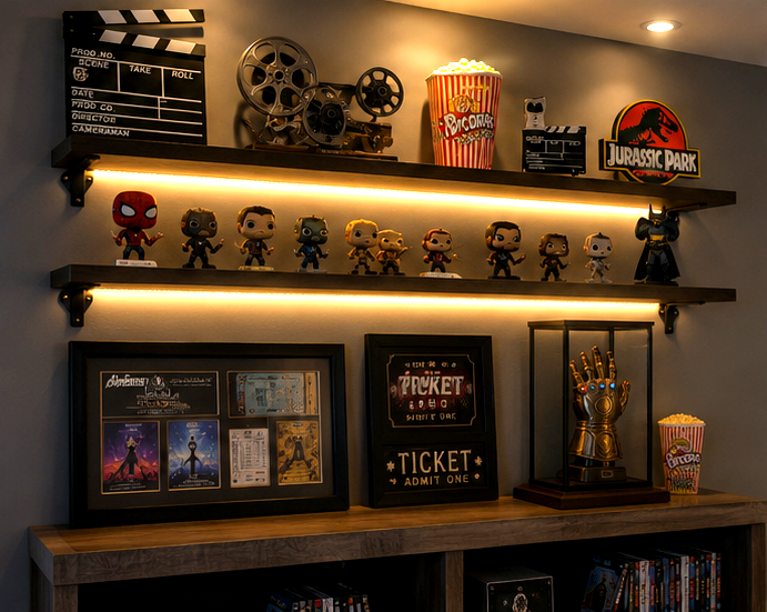 Home theater memorabilia display with floating shelves, collectibles, shadow boxes, and movie decor