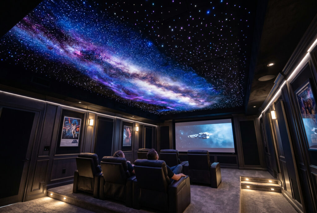 Galaxy projector creating a temporary starry ceiling effect for a home theater or media room