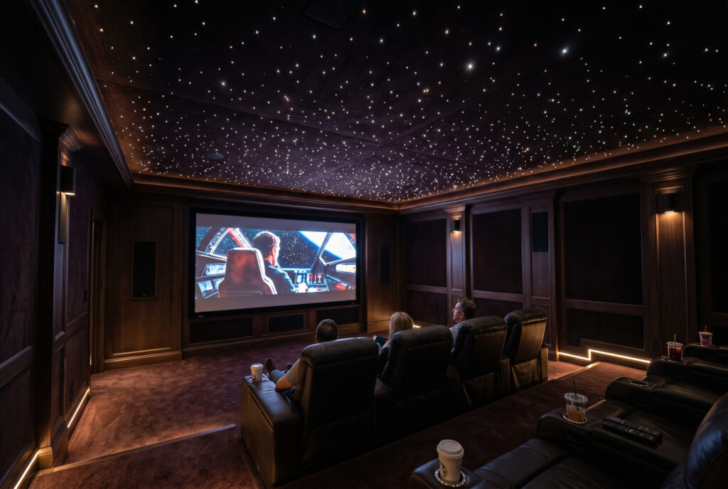 Fiber optic star ceiling lights creating a realistic night sky effect in a home theater room