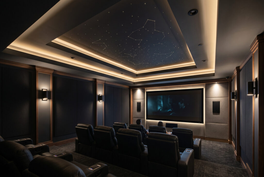 Reclining home theater seats under a star ceiling with soft lighting and a large screen