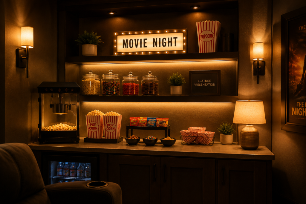 Home theater snack station with warm shelf lighting, movie decor, and organized treats