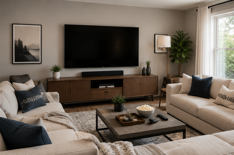 Cozy living room theater setup with TV, sectional sofa, soft lighting, and movie-night accessories