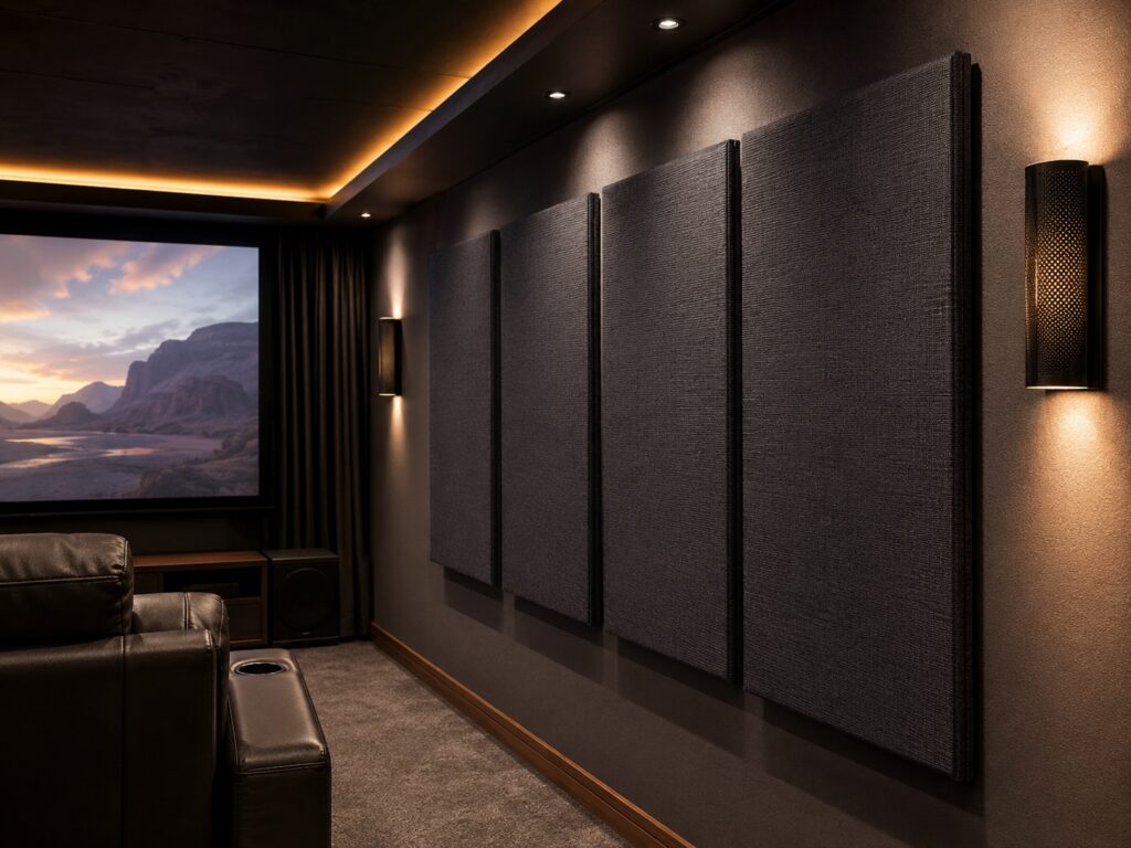 Home theater wall with acoustic panels designed to reduce echo and improve dialogue clarity
