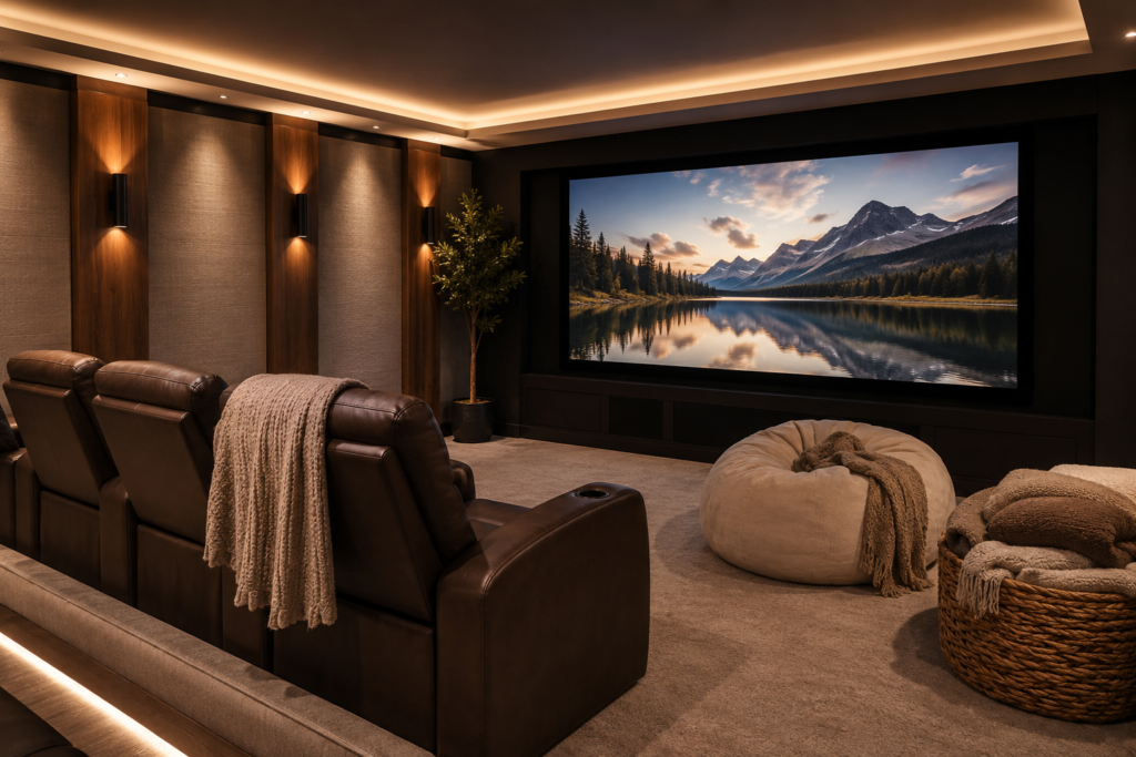 Cozy luxury home theater with leather recliners, a large screen, warm wall lighting, a bean bag chair in front, and a blanket basket beside the seating.
